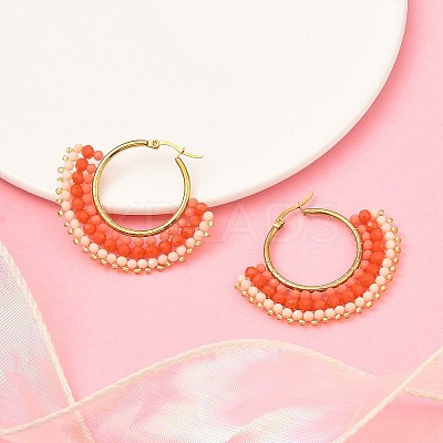 304 Stainless Steel & Bohemian Beaded Fan Hoop Earrings for Women EJEW-R001-01G-04-1