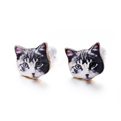 Real 14K Gold Plated Alloy Kitten Stud Earrings EJEW-G148-01G-07-1