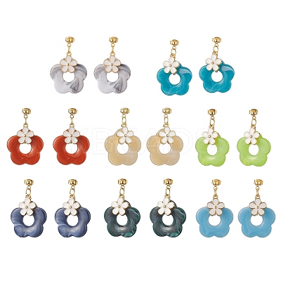 8 Pair 8 Color Alloy Enamel with Acrylic Imitation Gemstone Flower Dangle Stud Earrings EJEW-JE05237-1