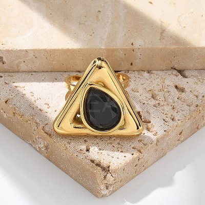Triangle 304 Stainless Steel Rhinestone Open Cuff Rings for Women RJEW-M048-03P-1