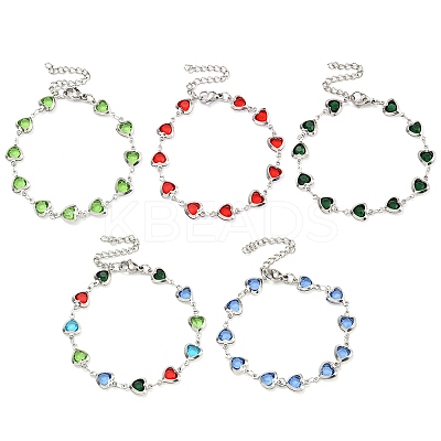 304 Stainless Steel & Glass Heart Link Chain Bracelets for Women BJEW-P334-12P-1