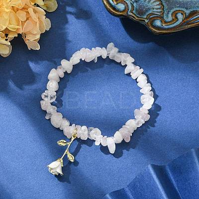 Natural Rose Quartz Chips Beaded Stretch Bracelets with Alloy Enamel Rose Charms BJEW-JB09561-02-1