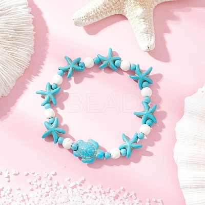 Starfish & Turtle Synthetic Turquoise Beads Stretch Bracelets for Women BJEW-JB12129-02-1