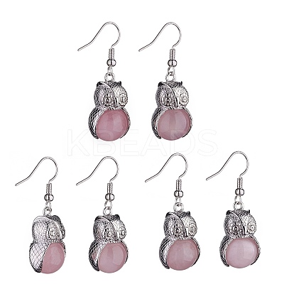 Natural Rose Quartz Owl Dangle Earrings EJEW-A092-08P-04-1