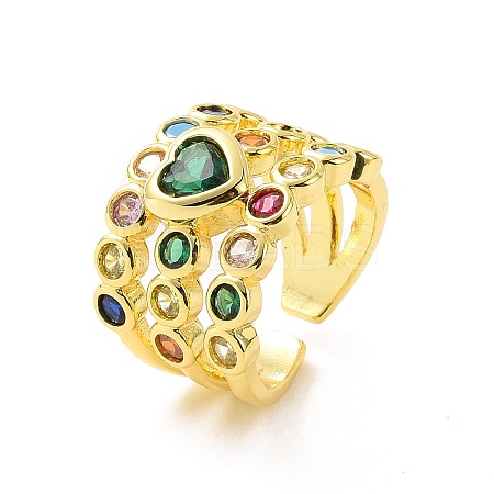 Colorful Cubic Zirconia Heart Open Cuff Ring X-RJEW-C061-03G-1