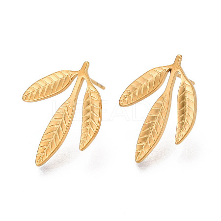 Ion Plating(IP) 304 Stainless Steel Leaf Stud Earrings for Women EJEW-F300-11G-1