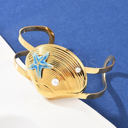 Shell Shape 304 Stainless Steel Enamel Cuff Bangles for Women BJEW-A049-04B-G-1