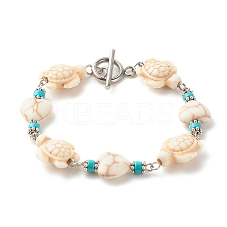 Heart & Tortoise Synthetic Turquoise(Dyed) Beaded Bracelet BJEW-JB07302-01-1