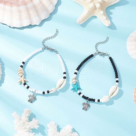 2Pcs 2 Styles Summer Beach Synthetic Turquoise Starfish & Natural Cowrie Shell & Glass Seed Round Beaded Alloy Turtle Charm Anklets X1-AJEW-TA00038-1