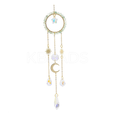 Natural Green Aventurine Woven Net/Web with Feather Window Hanging Suncatchers HJEW-JM00852-02-1