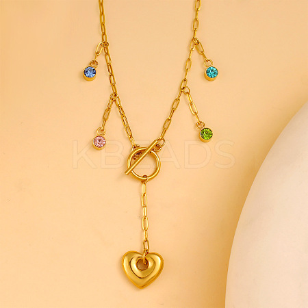 304 Stainless Steel Pave Colorful Cubic Zirconia Heart Pendant Necklaces for Women NJEW-S450-01G-1