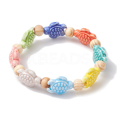 Beach Tortoise Handmade Procelain & Wood Round Beaded Stretch Bracelets BJEW-JB10299-01-1
