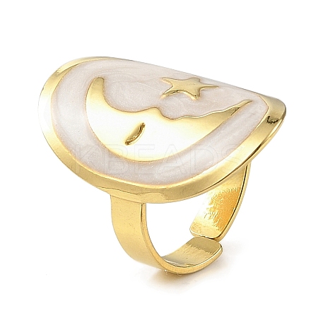 Oval & Moon 304 Stainless Steel Enamel Open Cuff Rings for Women RJEW-F166-29G-02-1