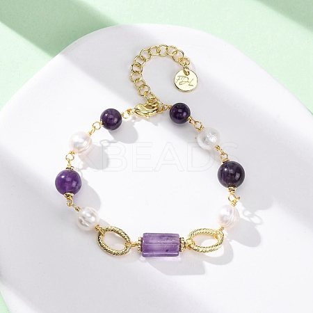 Natural Amethyst & Pearl Round Beads Link Bracelets for Women BJEW-Q039-01G-1