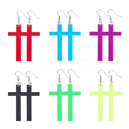 6 Pairs 6 Colors Acrylic Cross Dangle Earrings with Platinum Iron Pins for Woman EJEW-FI0003-25-1