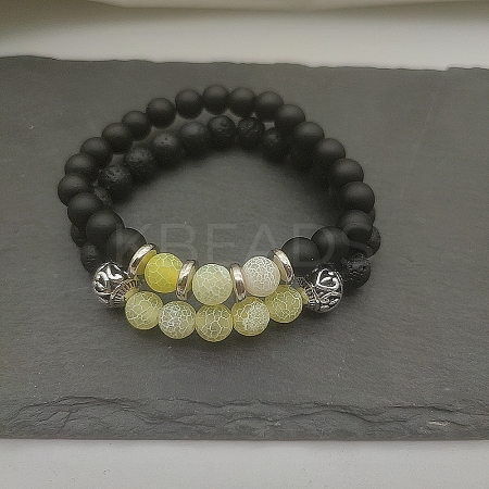 Natural Lava Rock & Frosted Stone Round Beads Stretch Bracelet Set Women DF9720-2-1