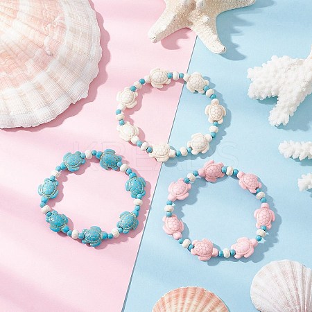 3Pcs Synthetic Turquoise & Natural Freshwater Shell Beads Stretch Bracelets for Women BJEW-JB12017-1