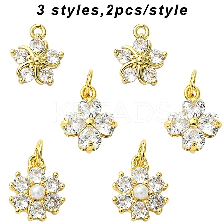 6Pcs 3 Styles Brass Micro Pave Cubic Zirconia Flower Charms KK-YW0003-81-1