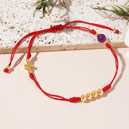 Stylish Round Natural Amethyst & Cross Brass Bead Braided Bracelets GG3213-1