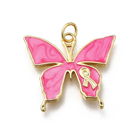 October Breast Cancer Pink Awareness Ribbon Brass Enamel Pendants KK-G525-10G-01-1