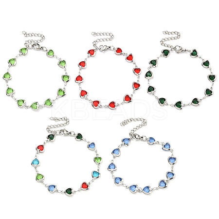 304 Stainless Steel & Glass Heart Link Chain Bracelets for Women BJEW-P334-12P-1