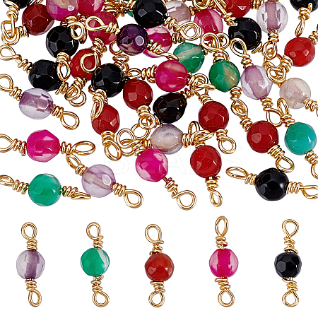 50Pcs 5 Colors Dyed Natural Agate Faceted Round Connector Charms KK-UN0005-46-1
