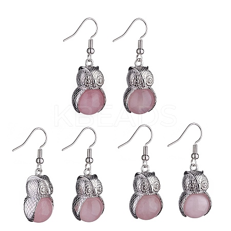 Natural Rose Quartz Owl Dangle Earrings EJEW-A092-08P-04-1