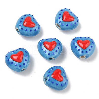Heart Pattern Handmade Porcelain Enamel Beads PORC-G016-03K-1