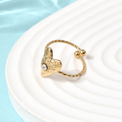 Texture Heart 304 Stainless Steel Rhinestone Cuff Open Finger Rings for Women RJEW-A091-10G-1
