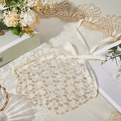 Brass ABS Plastic Pearl Beaded Elastic Headband OHAR-WH20008-02G-1