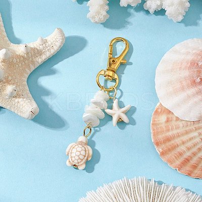 2Pcs Starfish & Sea Turtle Synthetic Turquoise & Natural White Mother of Pearl Shell Chip Pendant Decorations HJEW-JM03169-1