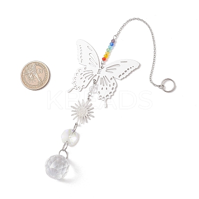 Glass Beads & 201 Stainless Steel Butterfly Hanging Suncatchers HJEW-JM04761-01-1