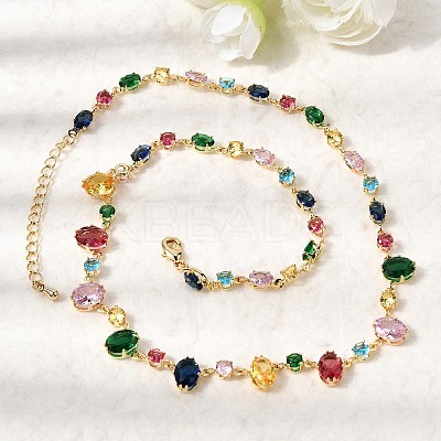 Brass Pave Colorful Cubic Zirconia Geometric Link Chain Necklaces NJEW-C111-03B-1