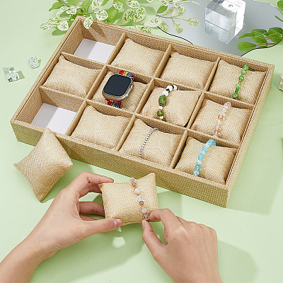12 Slots Wooden Covered with Linen Bracelet & Bangle & Watch Display Trays BDIS-WH0008-12-1