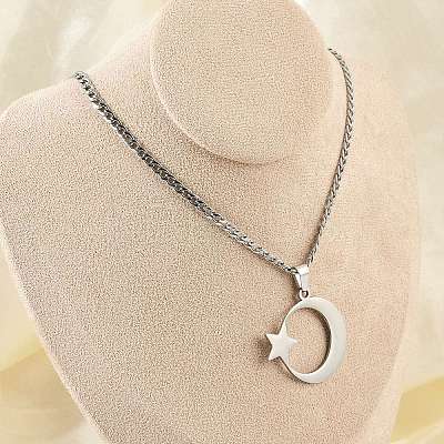 201 Stainless Steel Crescent Moon Star Pendant Twisted Chain Necklaces NJEW-S387-07P-1