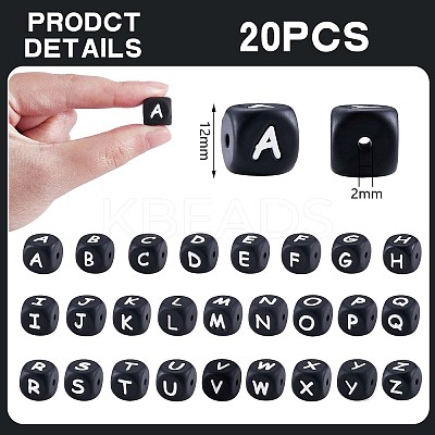 20Pcs Black Cube Letter Silicone Beads 12x12x12mm Square Dice Alphabet Beads with 2mm Hole Spacer Loose Letter Beads for Bracelet Necklace Jewelry Making JX433P-1