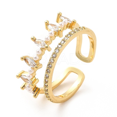 Clear Cubic Zirconia Crown Open Cuff Ring with Plastic Pearl Beaded KK-H439-07G-1