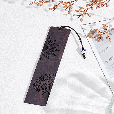 1Pc Rectangle Handmade Natural Wooden Carving Bookmarks with Rope Pendant AJEW-LP0004-27A-1