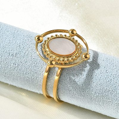 Oval 304 Stainless Steel White Shell Finger Rings for Women RJEW-G346-09G-02-1