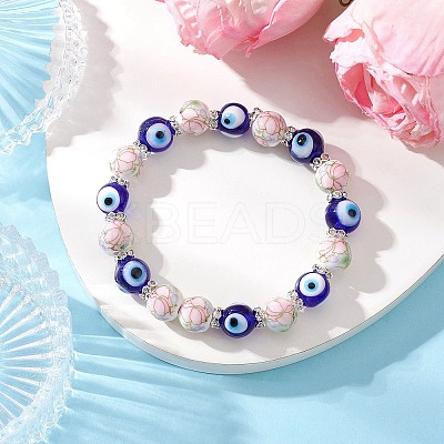 Handmade Flower Printed Porcelain Ceramic & Handmade Lampwork Evil Eye Beads Stretch Bracelets for Women BJEW-JB12105-03-1