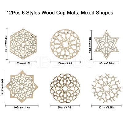 12Pcs 6 Styles Wood Cup Mats AJEW-CJ0001-37-1
