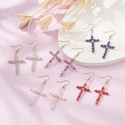 Natural Mixed Stone Cross Dangle Earrings EJEW-JE05289-1
