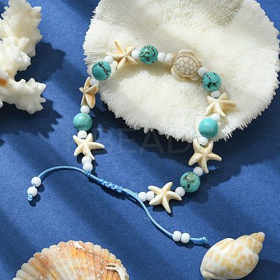 Turtle & Starfish & Round Synthetic Green Turquoise Braided Beaded Bracelets BJEW-TA00363-1