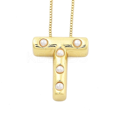 Brass & Plastic Pearl Letter Pendant Box Chain Necklaces for Women NJEW-U017-01G-20-1