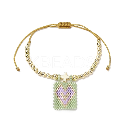 Glass Seed Rectangle with Heart Charm Bracelet BJEW-MZ00033-1