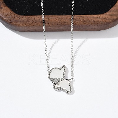304 Stainless Steel Pave Natural White Shell Cute Cat Shaped Pendant Necklaces for Women NJEW-M101-01P-1