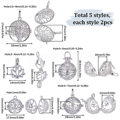 10Pcs 5 Styles Filigree Brass Cage Pendants KK-SC0003-77B-1
