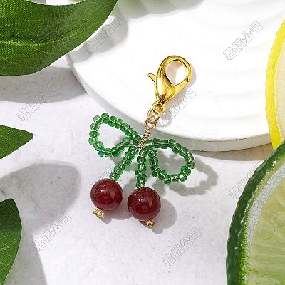 5Pcs Cherry Natural Carnelian & Glass Seed Beads Pendant Decorations HJEW-SZ00021-1