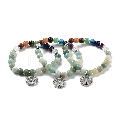 Natural Mixed Gemstone Round Beaded Chakra Stretch Bracelets BJEW-K251-01-1