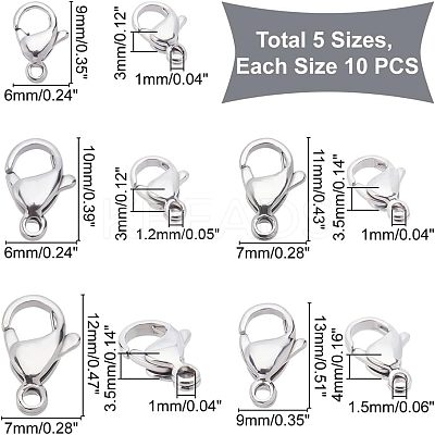50Pcs 5 Style Stainless Steel Lobster Claw Clasps STAS-UN0029-87-1